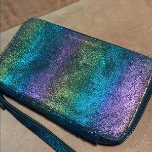 Aimee Kerestenberg colorful metallic iridescent rainbow zip wallet wristlet